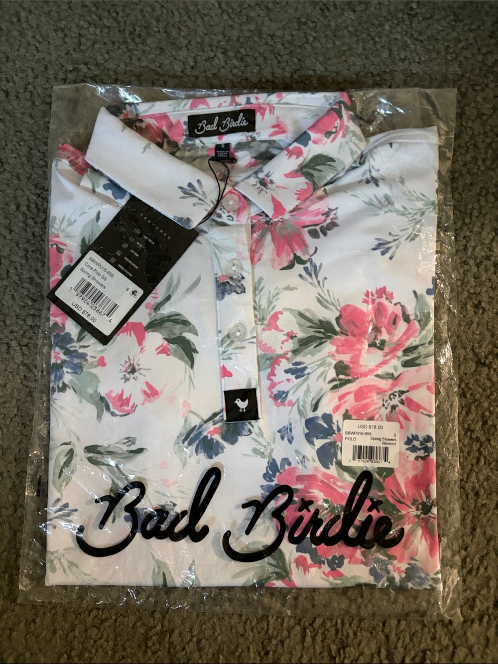 Bad Birdie Men’s Polo Shirt in White with Pink & Green Floral Print